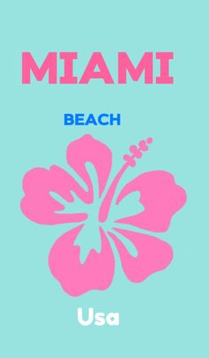 a pink flower on a blue background with the words, miami beach usa in red