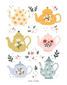 four teapots with flowers and leaves are shown in different colors on the white background