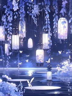 lanterns are hanging from the ceiling with flowers and butterflies around them in front of a dark blue background