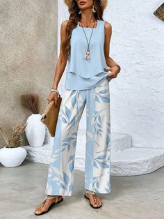 Women's Leaf Daily Going Out Two Piece Set Sleeveless Casual Summer Top With Pants Matching Set Moda Over 50, Womens Loungewear Sets, Wide Leg Pant Suit, Traje Casual, Top And Pants Set, Top Pants Set, Casual Summer Tops, Summer Set, Casual Sportswear