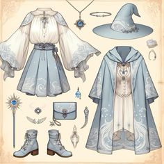 a paper doll that has some clothes and accessories on it's sides, including a wizard hat