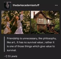 two women in white dresses and one is holding an umbrella with the caption friendship is necessary like photography, like art, it has no survival value