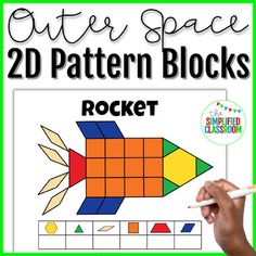 a hand holding a pencil and drawing on a piece of paper with the words, outer space pattern blocks rocket