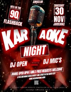 karaoke night flyer with microphone and lights