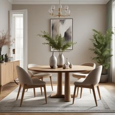 a dining room table with four chairs and a vase on the table in front of it