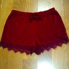 Red/Maroon Shorts Lace Trim Never Worn Size Small Red Shorts For Loungewear, Summer Burgundy Shorts, Red Lounge Shorts, Red Loungewear Shorts, Burgundy Short Bottoms For Summer, Burgundy Shorts For Summer, Red Short Bottoms For Loungewear, Burgundy Summer Shorts, Red Short Lounge Bottoms