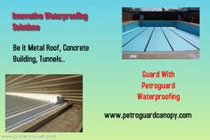 an image of a swimming pool with metal roofing and concrete flooring in the background