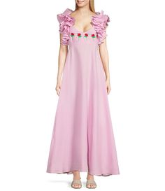 Fanm Mon Demre Ruffle Sleeve Rose Embroidery Linen V-Neck Empire Waist Maxi Dress | Dillard's Casual Wedding Guest Dresses, Empire Waist Maxi, Sun Dress Casual, Empire Waist Maxi Dress, Contemporary Dresses, Daytime Dresses, Rose Embroidery, Kentucky Derby, Dillard's