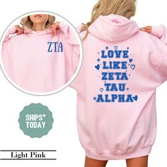 Celebrate your sisterhood in style with our Zeta Tau Alpha Sorority Sweatshirt! Perfect for cozying up on a chilly day or showing off your sorority pride. 𝐐𝐔𝐈𝐂𝐊 𝐒𝐈𝐙𝐈𝐍𝐆 𝐓𝐈𝐏 Printed on premium Gildan Heavy Blend™ sweatshirts and hoodies, these pieces run true to size. Consider sizing up for a more oversized, cozy fit. We 100% recommend checking the size chart for dimensions before ordering. * * * * * * * * * * * * * * * * * * * * * * * * * * * * * 𝐏𝐑𝐎𝐃𝐔𝐂𝐓𝐈𝐎𝐍 & 𝐒𝐇𝐈𝐏𝐏𝐈𝐍𝐆 Orders are processed and shipped within 1-2 business days. Need it fast? You can upgrade to Priority Mail at checkout. 𝐂𝐀𝐑𝐄 𝐈𝐍𝐒𝐓𝐑𝐔𝐂𝐓𝐈𝐎𝐍𝐒 Wash inside out on cold. Do not iron directly over the design. ✧✧For custom designs or bulk orders, feel free to reach out--we're happy to assi Alpha Phi Sweatshirt, Alpha Chi Omega Sweatshirt, Alpha Delta Pi Sorority, Delta Gamma Sorority, Alpha Phi Sorority, Delta Zeta Sorority, Sorority Sweatshirts, Delta Sorority, Delta Phi Epsilon