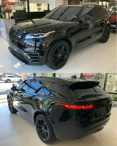 two pictures of a black car in a showroom