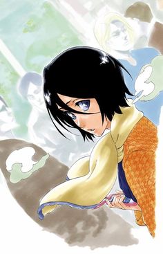 an anime character with black hair and blue eyes sitting on the ground in front of a group of people