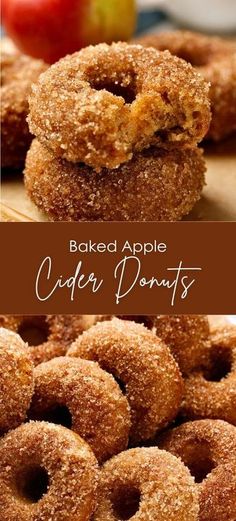 baked apple cider donuts on a cutting board with an apple in the background