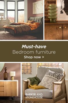 the bedroom furniture is shown in different styles and colors, including bedding, dressers,