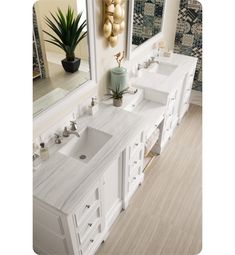 a bathroom with two sinks, mirrors and plants on the counter top in front of it