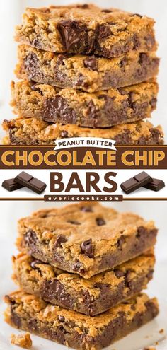 chocolate chip bars stacked on top of each other with the words peanut butter chocolate chip bars