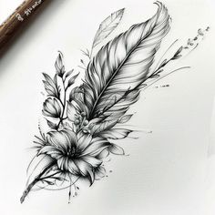 Professional Feather Tattoo Files Floral Feather Tattoo Design, Black And White Floral Tattoo Coverup, Cute Full Sleeve Tattoo, Feather Tattoo Leg Women, Women's Forarm Tattoos, Detailed Feather Tattoo, Women Floral Arm Tattoo, Tattoos With Feathers And Flowers, Lotus And Feather Tattoo