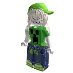 a lego figure wearing a green shirt and denim shorts with her eyes closed, standing in front of a white background