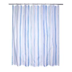 a shower curtain with blue and white stripes