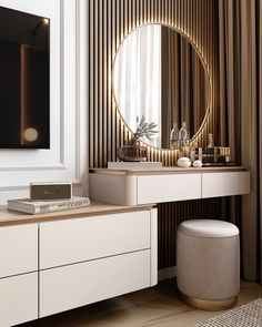 a vanity with a mirror, stool and electronic device on it in front of a curtained window