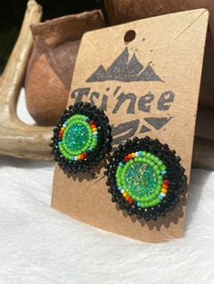 Round beaded earring, indigenous inspired and made. Alaskan native artist and creator using traditional beadwork technique Beaded Earring, Bead Work Jewelry, Work Jewelry, Green And Black, Round Earrings, Jewelry Inspo, Black Beads, Jewelry Earrings Studs, Bead Work