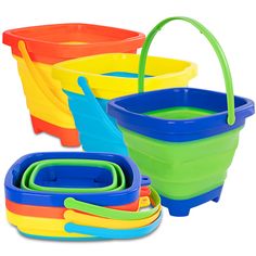 several different colored plastic buckets with handles