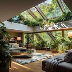 a living room filled with furniture and lots of plants on top of it's windows