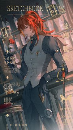 an anime character with red hair standing in front of a book shelf filled with books