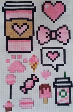 the pixel art work is made with pink and black squares, hearts, cupcakes,