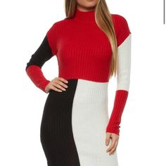 Knit Colorblock Sweater Dress. Bodycon. New In Plastic Packaging With Tags Attached. Red, White & Black. Fitted Color Block Winter Dress, Fitted Color Block Dress For Winter, Black Color Block Dress For Winter, Rainbow Dresses, Long Sleeve Summer Dress, Quarter Sleeve Dress, Bodycon Sweater, Yellow Maxi Dress, Bodycon Sweater Dress