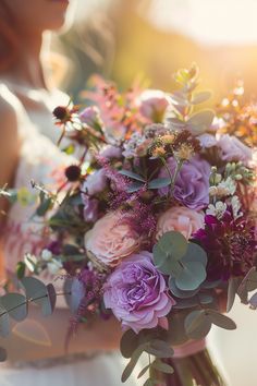 90+ Purple Wedding Bouquets that Add a Touch of Class | Matched Hearts Bridal Bouquet Green, Wildflower Bridal Bouquets, Violet Shades, September Wedding Flowers, Blush Bouquet Wedding, Wildflower Wedding Bouquet