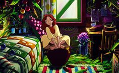 a painting of a woman sitting on a chair in a room filled with plants and flowers