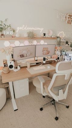 a desk with two computer monitors and a chair in front of the monitor on it