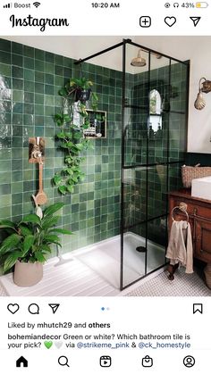 a bathroom with green tiles and a plant in the corner