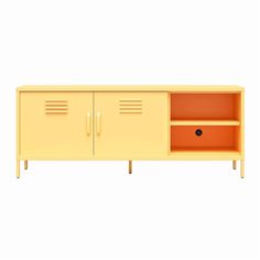 a yellow cabinet with two doors and an orange drawer on the bottom is standing against a white background