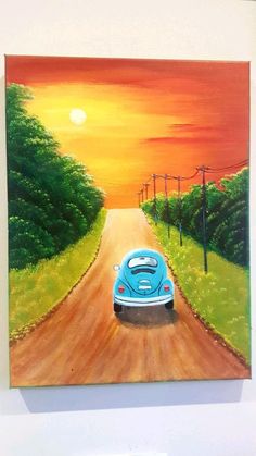 a painting of a blue car driving down a dirt road with the sun setting in the background