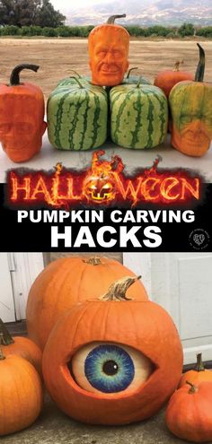 pumpkin carving hacks for halloween with an evil face in the middle and two pumpkins stacked