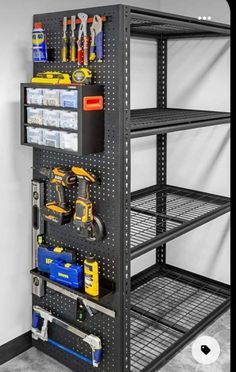 the shelving unit is organized with tools