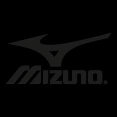 the mizuno logo is shown in black and white, with an arrow above it