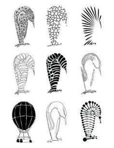 six different types of seahorses in black and white, each with their own design