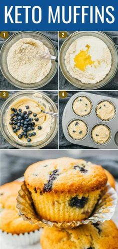 the steps to making blueberry muffins are shown in this collage with pictures