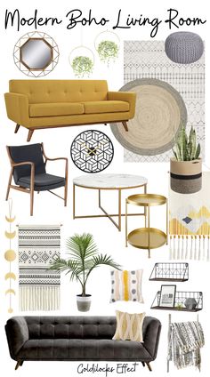 modern boho living room mood board with yellow and gray furniture, rugs, pillows, planters