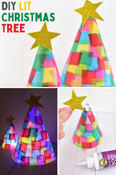 Colorfully Lit Christmas Tree Cone Craft Christmas Tree Cones, 2nd Grade Crafts, Lit Christmas Tree, Diy Christmas Lights, Tissue Paper Crafts, Easy Art For Kids, Cone Christmas Trees, Cones Crafts, Paper Christmas Tree