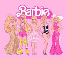 some very pretty girls in dresses and hats on a pink background with the word barbie