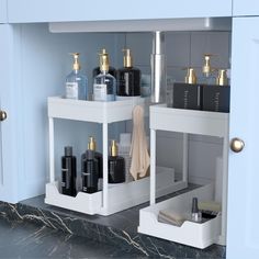 the shelves in the bathroom are filled with different types of cosmetics and personal care products