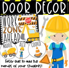 Welcome your students in style this school year using this EDITABLE Construction-themed bulletin board or door display! Easily personalize this product with your students' names to create a unique entrance into your room. Perfect for back to school, open house, or the end of the year! Decorate classroom doors, locker tags, walls, or bulletin boards. Print once and use year after year!Included in this set:- Work Zone Ahead title poster- Editable title poster- 18 Editable Construction-themed stude Construction Themed Bulletin Board Ideas, Construction Classroom Door, School Construction Theme, Construction Zone Signs, Back To School Door Decorations, Speech Therapy Office, Decorate Classroom