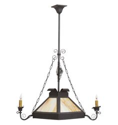 a chandelier with two lights hanging from it's sides and one light on the