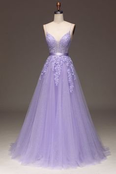 Zapakasa Women Purple Prom Dress A-Line Spaghetti Straps Long Beaded and Tulle Party Dress with Appliques Light Purple Hoco Dress Long, Lavender Dress Sweet 16, Baby Purple Prom Dress, Pastel Purple Dress Formal, Light Purple Prom Dress Long, Galadriel Outfit, Purple Grad Dresses, Purple Prom Dresses Long, Purple Prom Dress Long