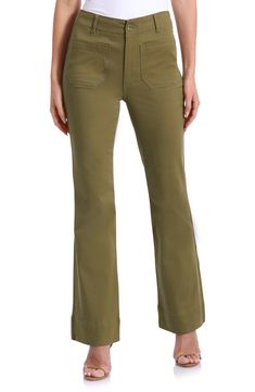 Twin patch pockets lend workwear-inspired style to kicky flared pants cut from stretch-kissed cotton for all-day comfort. 31 1/2" inseam; 21" leg opening; 14 1/2" front rise; 16" back rise Zip fly with button closure Front patch pockets; back patch pockets 97% cotton, 3% spandex Machine wash, tumble dry Imported Stretch Cotton Flare Jeans With Pockets, Mid-rise Cotton Flare Jeans In Utility Style, Mid-rise Cotton Utility Flare Jeans, Cotton Flare Jeans For Workwear In Fall, Fitted Cotton Flare Jeans With Cargo Pockets, Stretch Cotton Wide-leg Flare Jeans, Fitted Flare Jeans With Cargo Pockets, Cropped Leg Cotton Flare Jeans With Patch Pockets, Casual Cotton Straight Leg Flares