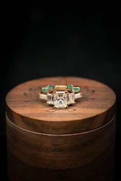 EMERALD CUT MOISSANITE ENGAGEMENT RING WITH MALACHITE STACKING BAND – Staghead Designs Dagobert Duck, Antique Diamond Engagement Rings, White Gold Engagement Ring