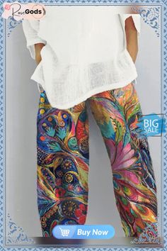 Casual Pockets Boho Printed Pants Multicolor Baggy Straight Leg Bottoms, Baggy Multicolor Straight Leg Bottoms, Multicolor Baggy Straight Leg Pants, Baggy Multicolor Wide-leg Pants, Spring Baggy Multicolor Bottoms, Baggy Wide Leg Multicolor Pants, Multicolor Wide-leg Bottoms With Elastic Waistband, Spring Multicolor Baggy Bottoms, Casual Baggy Printed Bottoms